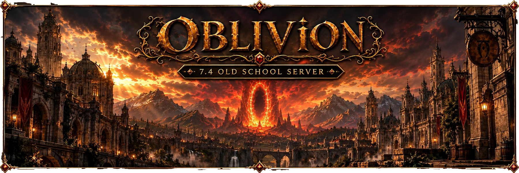 Oblivion - 7.4 Old School Server: a burning portal above a gothic city